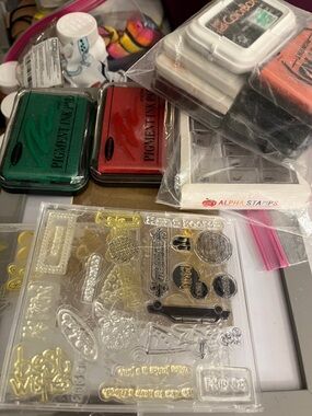 Alphabet & Decorative Clear Stamp Set with Gold and Green Pigment Ink Pads